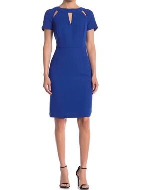 FOCUS by Shani Cobalt Blue Keyhole Cutouts Short Sleeve Sheath Woven Crepe Dress